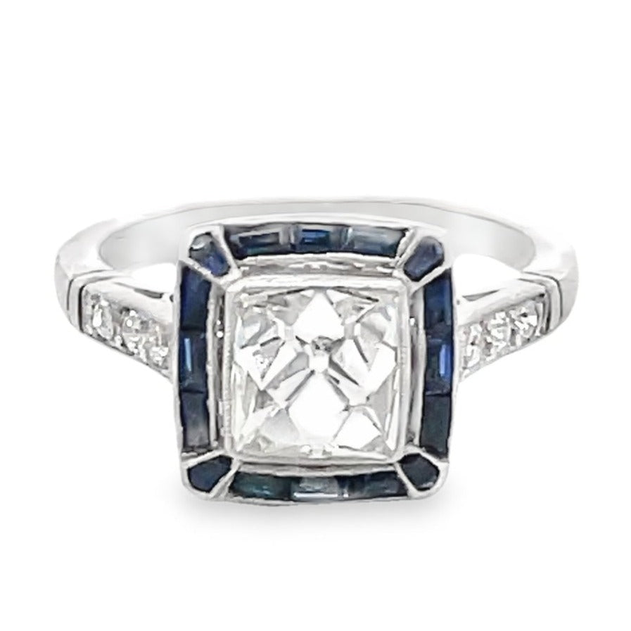 Front view of GIA 1.69ct Antique French Cut Diamond Engagement Ring, Sapphire Halo, Platinum