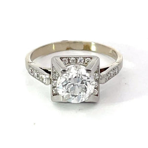 Front view of Vintage GIA 1.42ct Old European Cut Diamond Engagement Ring, E Color, 18k White Gold
