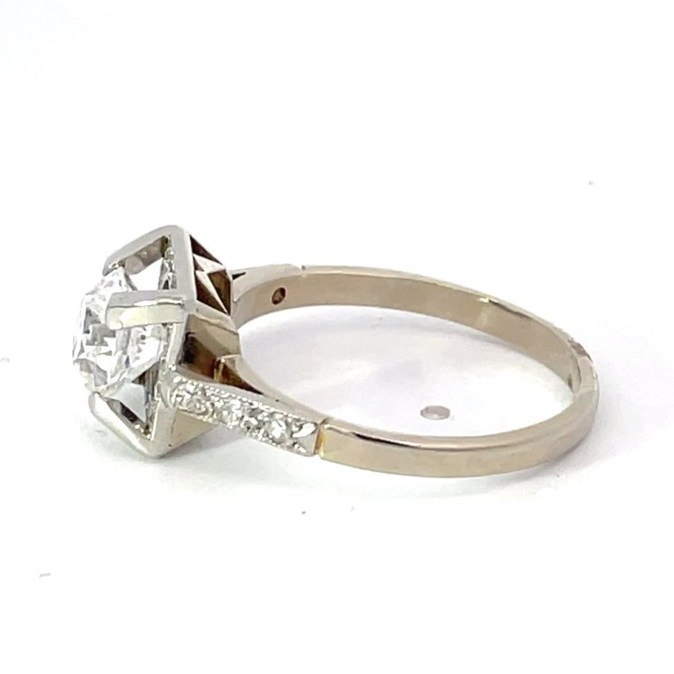 Side view of Vintage GIA 1.42ct Old European Cut Diamond Engagement Ring, E Color, 18k White Gold