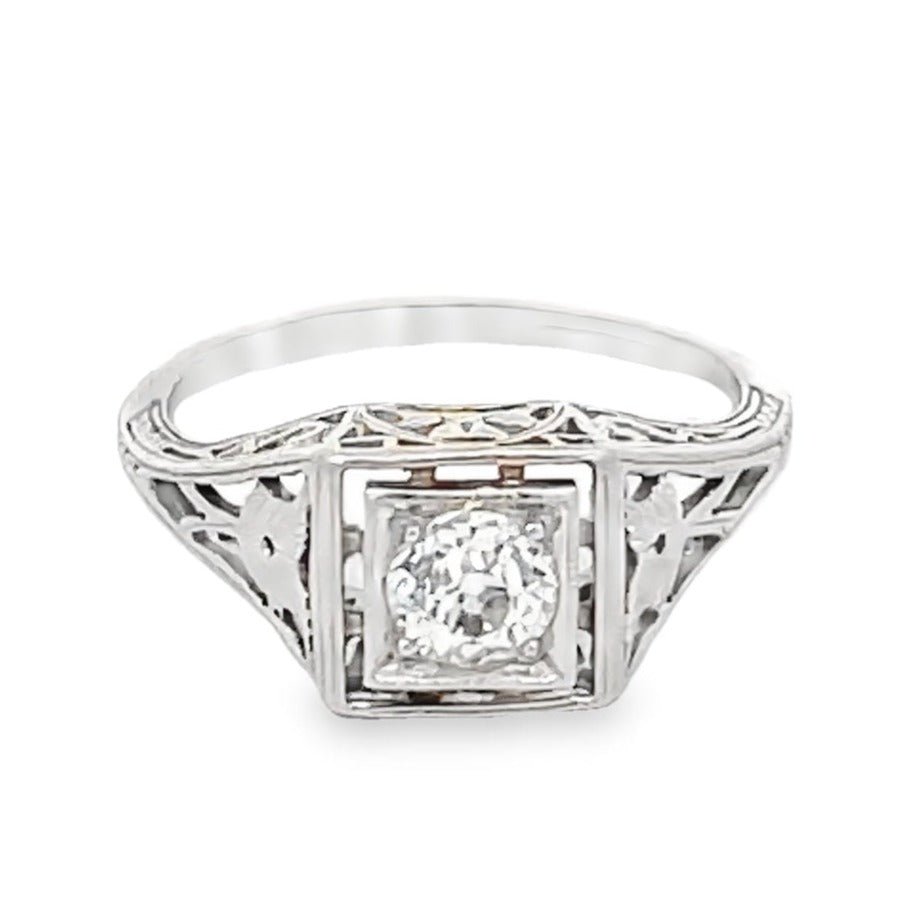 Front view of Antique 0.40ct Old European Cut Diamond Engagement Ring, I Color, Platinum