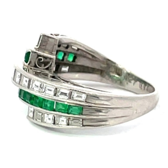 Side view of Vintage 1.27ct Diamonds & 0.54ct Emerald Engagement Ring, Platinum