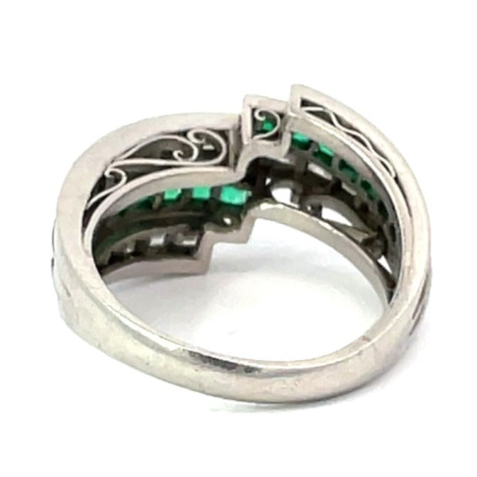 Back view of Vintage 1.27ct Diamonds & 0.54ct Emerald Engagement Ring, Platinum