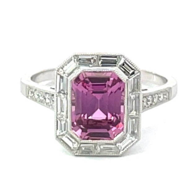 Front view of GIA 2.56ct Emerald Cut Natural Pink Sapphire Engagement Ring, Diamond Halo, Platinum