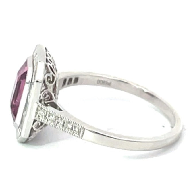 Side view of GIA 2.56ct Emerald Cut Natural Pink Sapphire Engagement Ring, Diamond Halo, Platinum