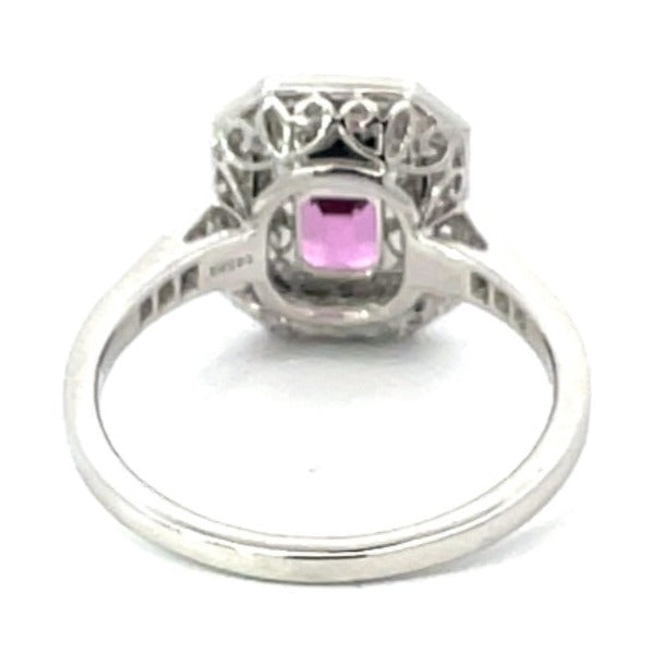 Back view of GIA 2.56ct Emerald Cut Natural Pink Sapphire Engagement Ring, Diamond Halo, Platinum