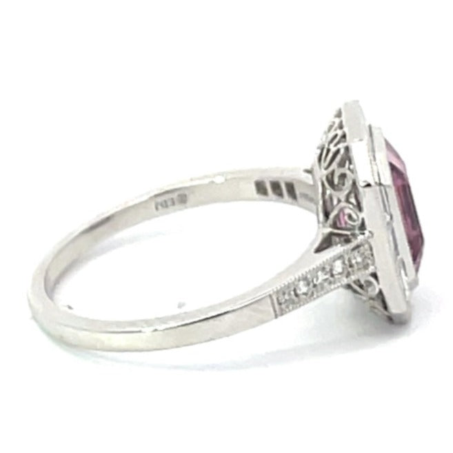 Side view of GIA 2.56ct Emerald Cut Natural Pink Sapphire Engagement Ring, Diamond Halo, Platinum