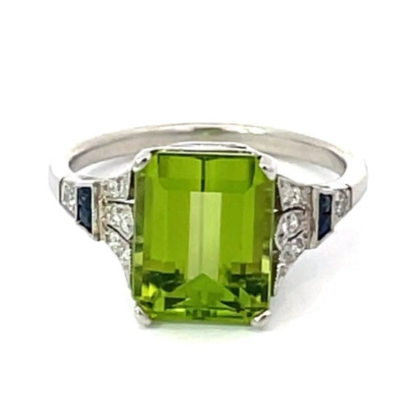 Front view of 4.09ct Emerald Cut Natural Peridot Cocktail Ring, Platinum