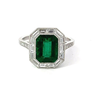 Front view of 2.66ct Emerald Cut Natural Green Emerald Engagement Ring, Diamond Halo, Platinum