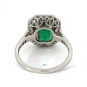 Back view of 2.66ct Emerald Cut Natural Green Emerald Engagement Ring, Diamond Halo, Platinum