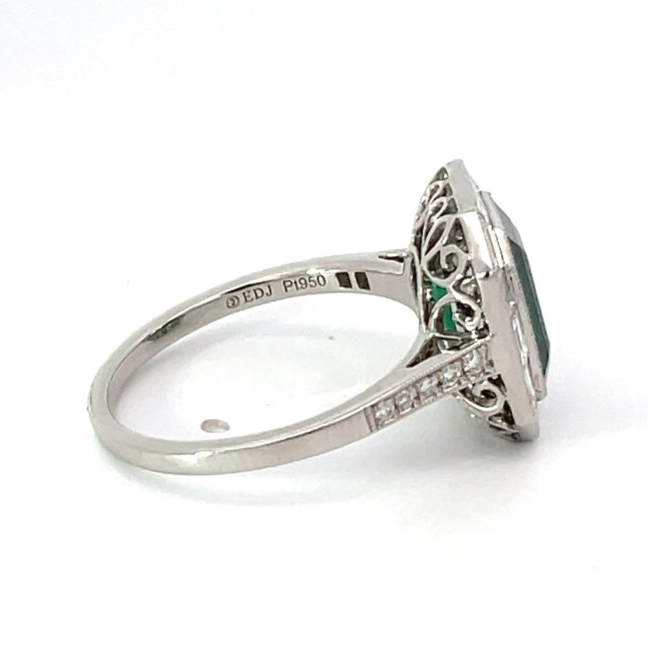 Side view of 2.66ct Emerald Cut Natural Green Emerald Engagement Ring, Diamond Halo, Platinum