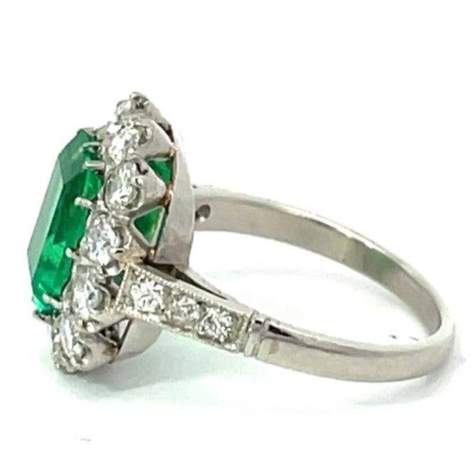 Side view of GIA 1.87ct Natural Colombian Emerald Engagement Ring, Diamond Halo, Platinum