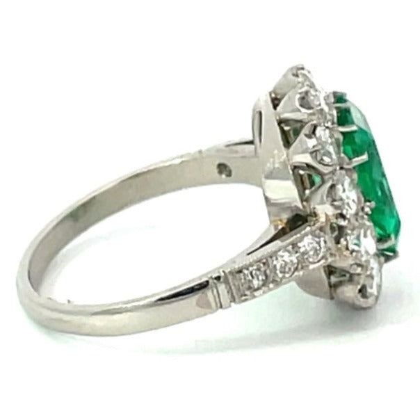 Side view of GIA 1.87ct Natural Colombian Emerald Engagement Ring, Diamond Halo, Platinum