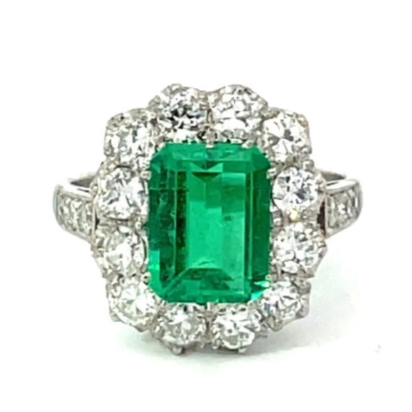 Front view of GIA 1.87ct Natural Colombian Emerald Engagement Ring, Diamond Halo, Platinum