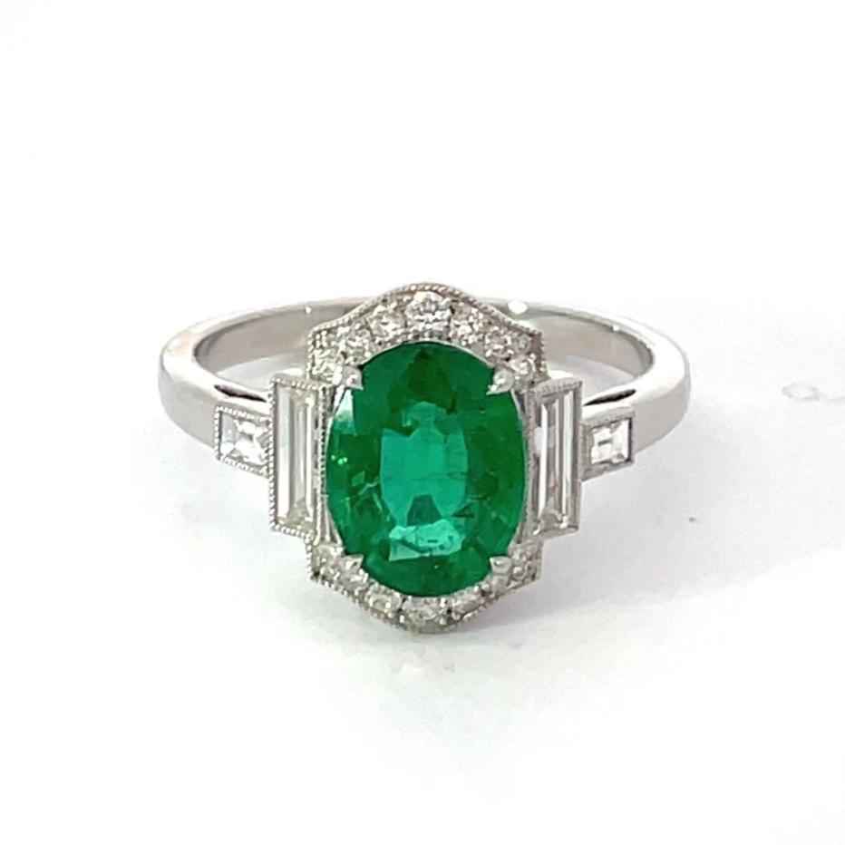 Front view of 1.72ct Oval Cut Natural Emerald Engagement Ring, Diamond Halo, Platinum