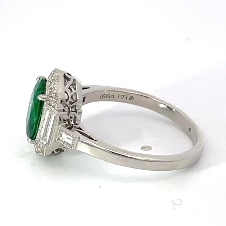 Side view of 1.72ct Oval Cut Natural Emerald Engagement Ring, Diamond Halo, Platinum