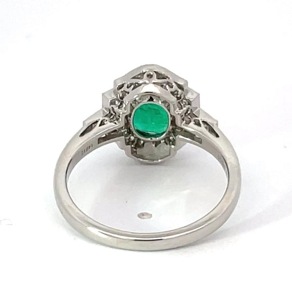 Front view of 1.72ct Oval Cut Natural Emerald Engagement Ring, Diamond Halo, Platinum