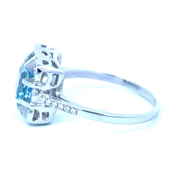 Side view of 0.84ct Asscher Cut Aquamarine Engagement Ring, Diamond Floral Halo, Platinum