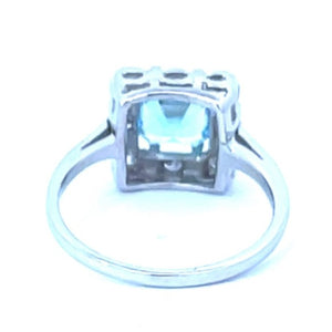 Back view of 0.84ct Asscher Cut Aquamarine Engagement Ring, Diamond Floral Halo, Platinum