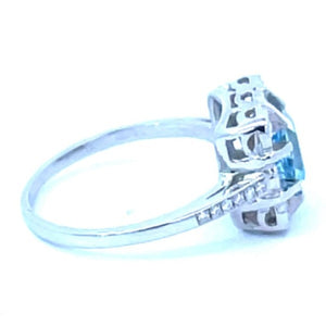 Side view of 0.84ct Asscher Cut Aquamarine Engagement Ring, Diamond Floral Halo, Platinum