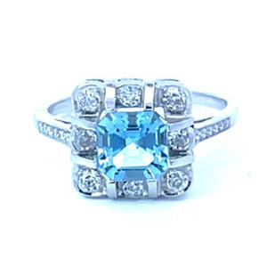 Front view of 0.84ct Asscher Cut Aquamarine Engagement Ring, Diamond Floral Halo, Platinum