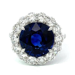 Front view of 8.36ct Natural Ceylon Sapphire Cocktail Ring, Diamond Halo, Platinum