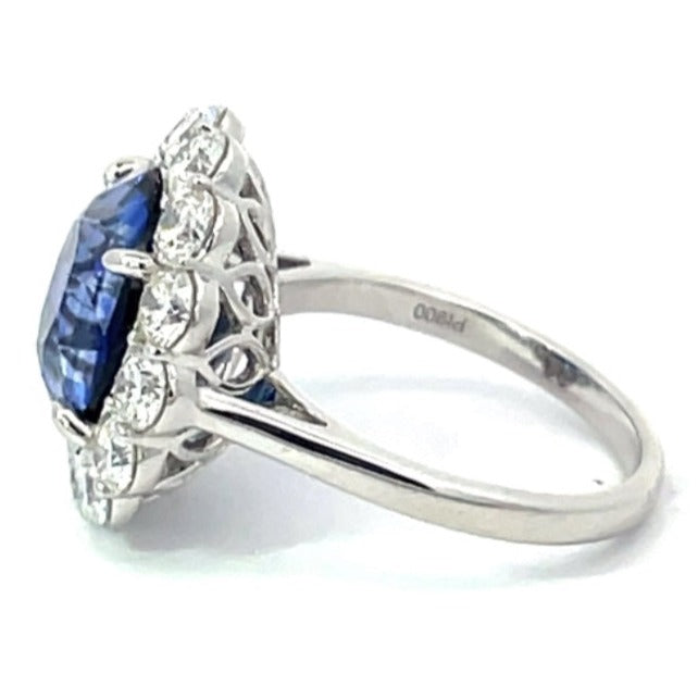 Side view of 8.36ct Natural Ceylon Sapphire Cocktail Ring, Diamond Halo, Platinum