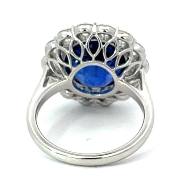 Front view of 8.36ct Natural Ceylon Sapphire Cocktail Ring, Diamond Halo, Platinum