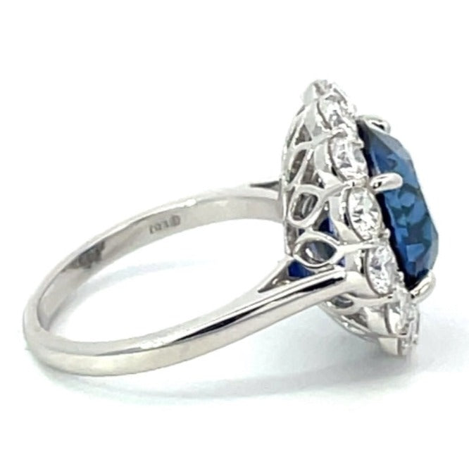 Side view of 8.36ct Natural Ceylon Sapphire Cocktail Ring, Diamond Halo, Platinum