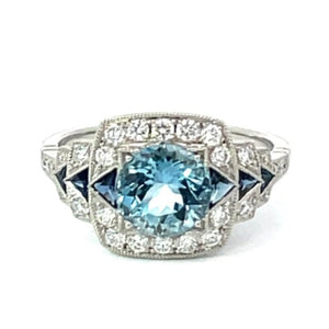 Front view of 1.22ct Round Cut Aquamarine Engagement Ring, Diamond Halo, Platinum