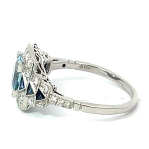 Side view of 1.22ct Round Cut Aquamarine Engagement Ring, Diamond Halo, Platinum