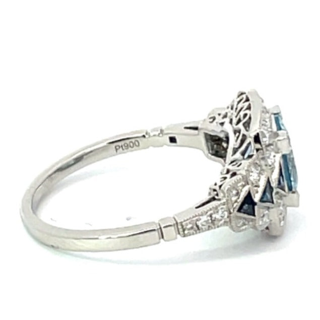 Side view of 1.22ct Round Cut Aquamarine Engagement Ring, Diamond Halo, Platinum