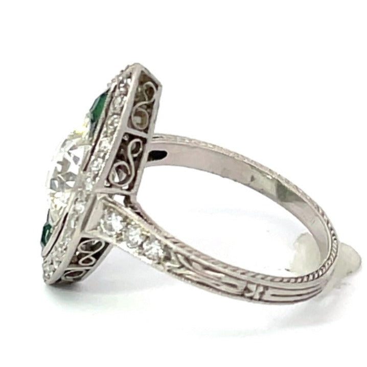 Side view of Antique 2.25ct Old European Cut Diamond Engagement Ring, I color, Diamond Halo, Platinum