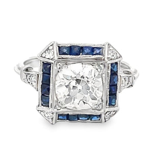 Front view of Antique 1.47ct Diamond Engagement Ring, Sapphire Halo, Platinum