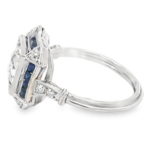 Side view of Antique 1.47ct Diamond Engagement Ring, Sapphire Halo, Platinum