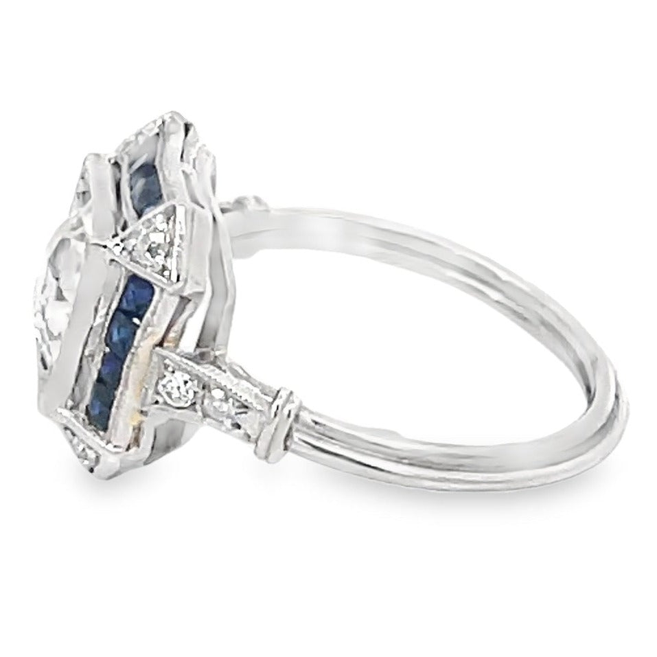 Side view of Antique 1.47ct Diamond Engagement Ring, Sapphire Halo, Platinum