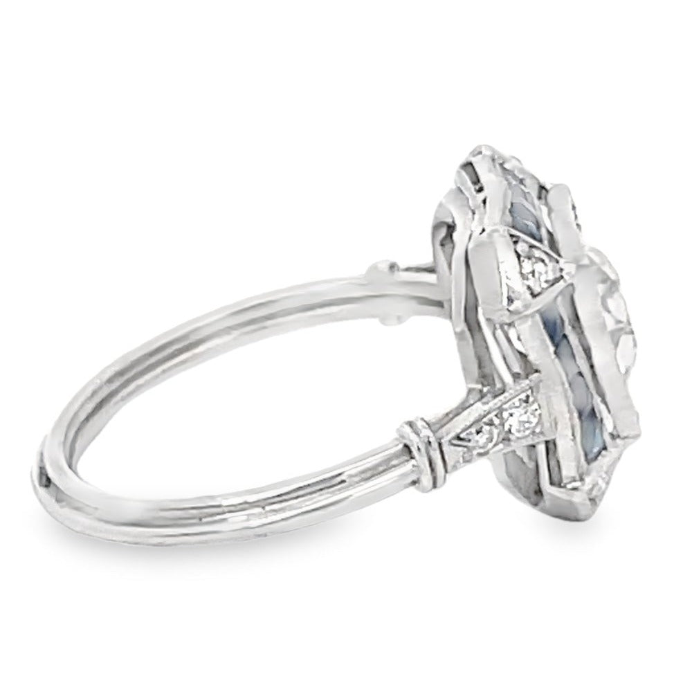 Side view of Antique 1.47ct Diamond Engagement Ring, Sapphire Halo, Platinum