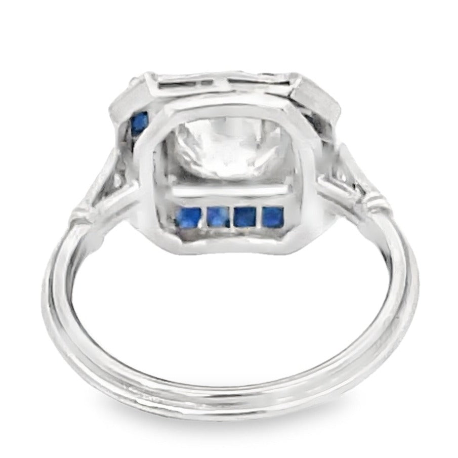 Back view of Antique 1.47ct Diamond Engagement Ring, Sapphire Halo, Platinum