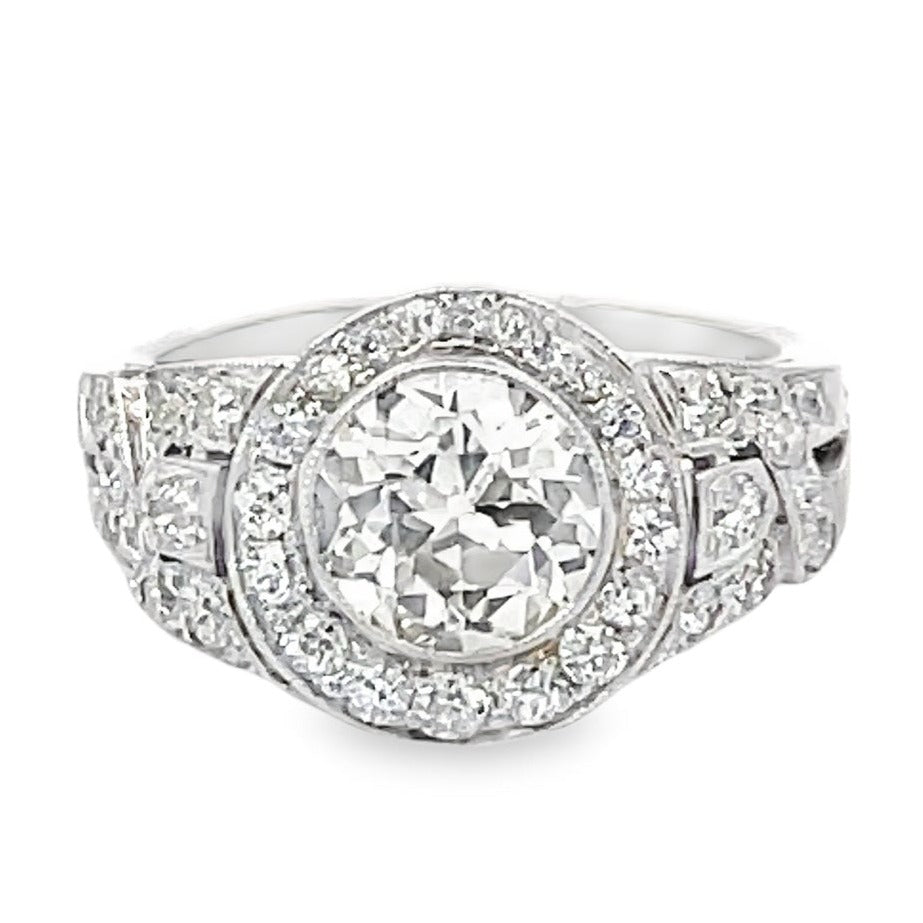 Front view of Antique 1.58ct Diamond Engagement Ring, VS1 Clarity, Diamond Halo, Platinum