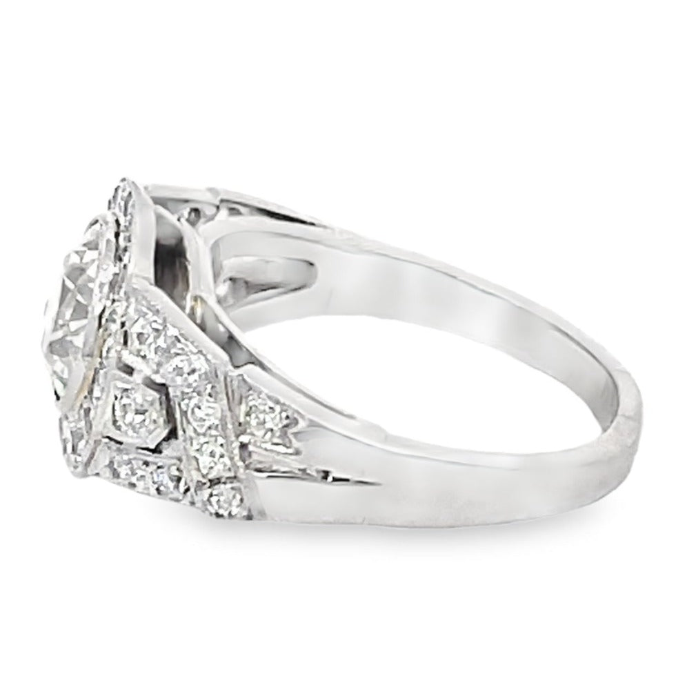 Side view of Antique 1.58ct Diamond Engagement Ring, VS1 Clarity, Diamond Halo, Platinum