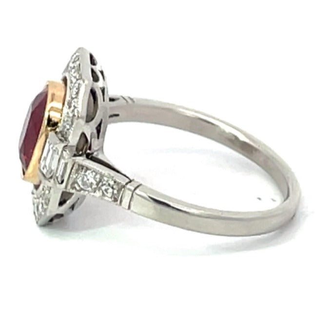 Side view of 1.66ct Oval Cut Natural Ruby Engagement Ring, Diamond Halo, Platinum