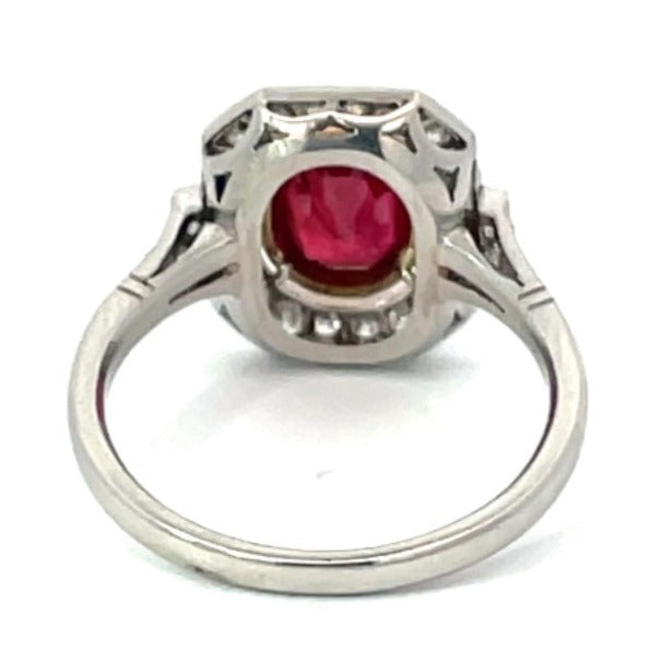 Back view of 1.66ct Oval Cut Natural Ruby Engagement Ring, Diamond Halo, Platinum