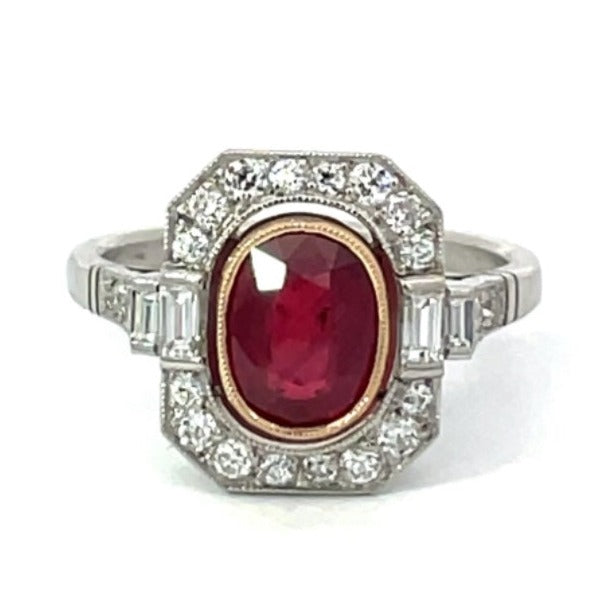Front view of 1.66ct Oval Cut Natural Ruby Engagement Ring, Diamond Halo, Platinum