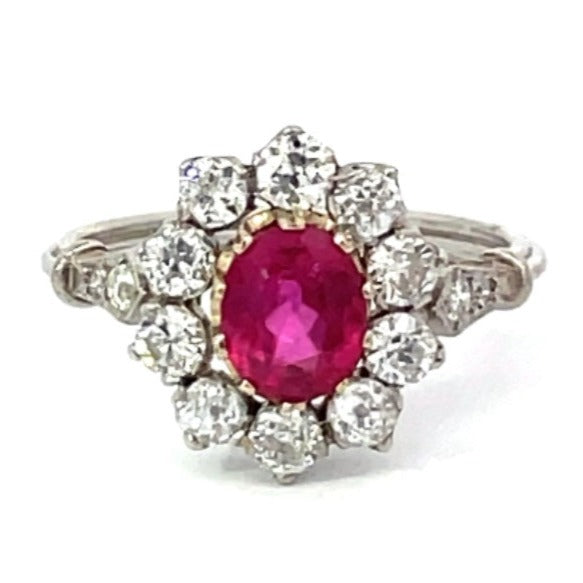 Front view of 1.15ct Oval Cut Ruby Engagement Ring, Diamond Halo, Platinum & 18k Yellow Gold