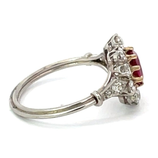 Side view of 1.15ct Oval Cut Ruby Engagement Ring, Diamond Halo, Platinum & 18k Yellow Gold