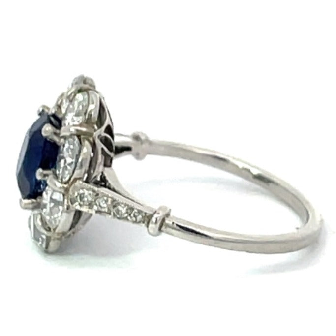 Side view of GIA 1.56ct Oval Cut Natural Sapphire Cluster Ring, Diamond Halo, Platinum