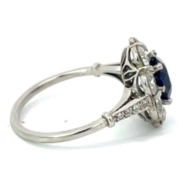 Side  view of GIA 1.56ct Oval Cut Natural Sapphire Cluster Ring, Diamond Halo, Platinum