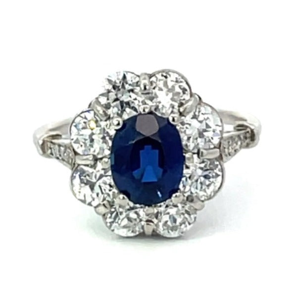 Front view of GIA 1.56ct Oval Cut Natural Sapphire Cluster Ring, Diamond Halo, Platinum