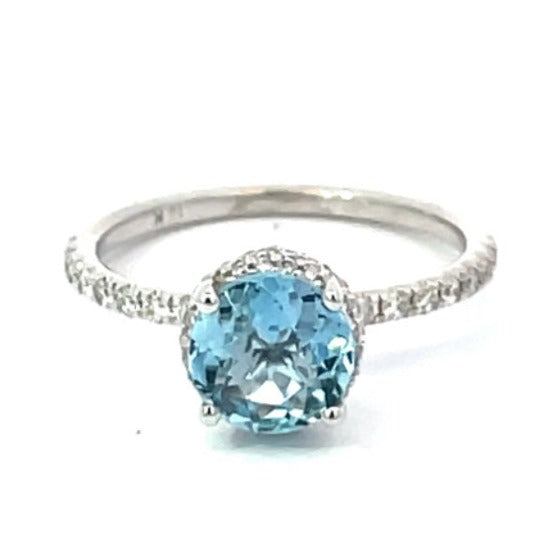 Front view of 1.13ct Round Cut Aquamarine Engagement Ring, 18k White Gold