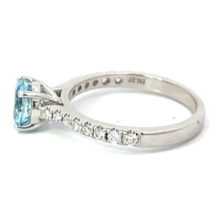 Side view of 0.86ct Round Cut Aquamarine Engagement Ring, 18k White Gold