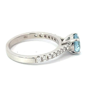 Side view of 0.86ct Round Cut Aquamarine Engagement Ring, 18k White Gold